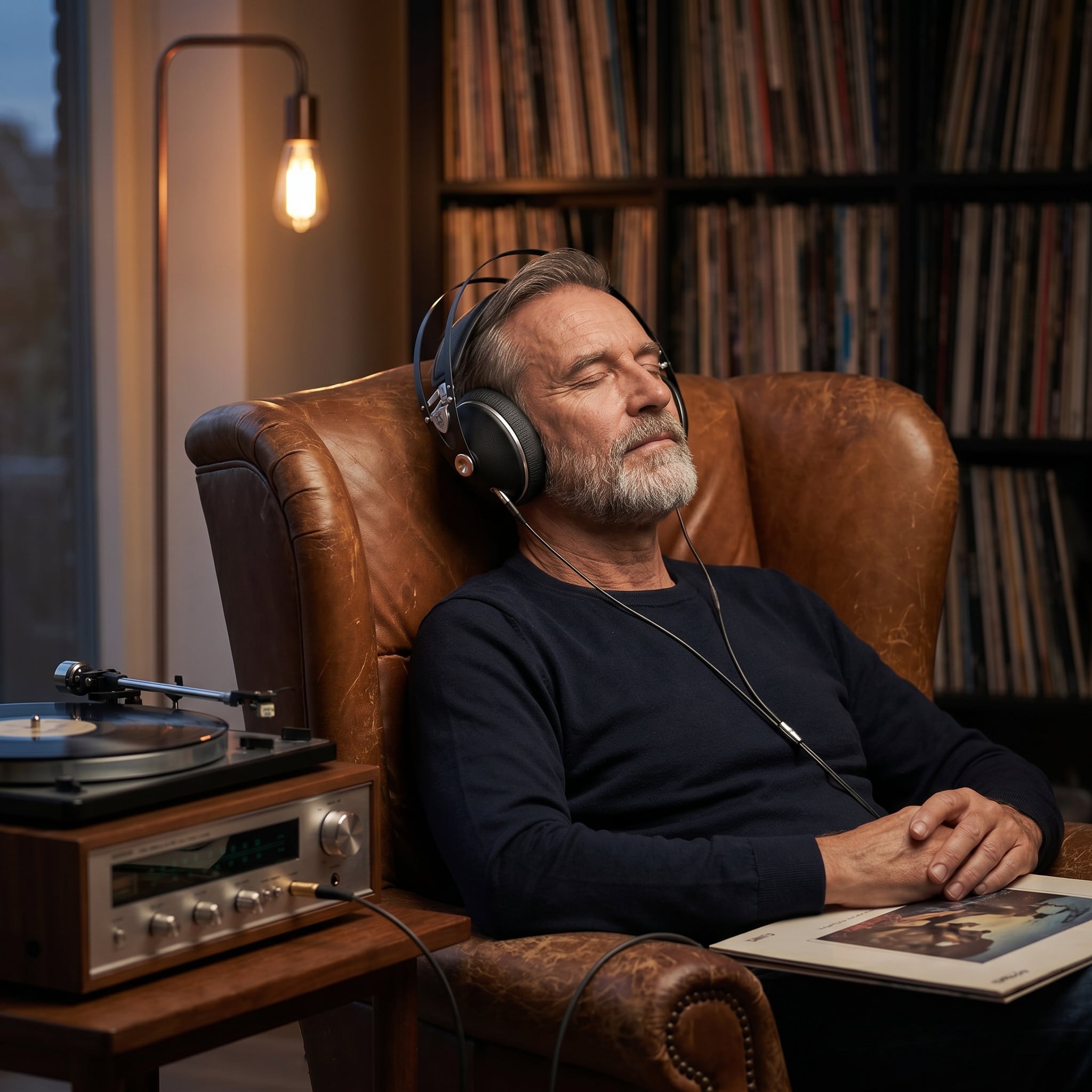 A listener seated in a quiet room, hours into a record, wearing the Lautsänger Journey